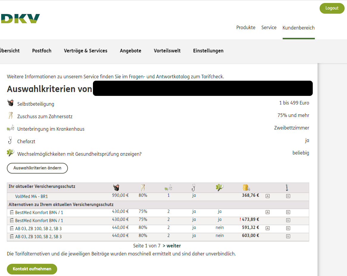 Auszug DKV internes §204 VVG Tarifoptimierungs-Tool