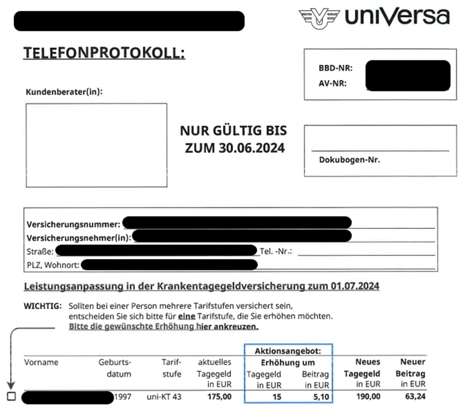 KTG - uniVersa Erhöhungsangebot