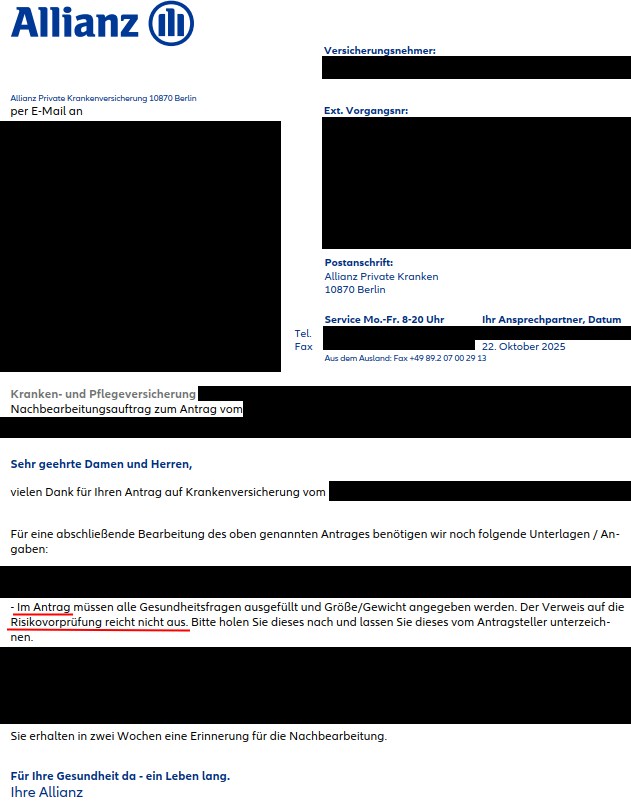 Allianz PKV-Antrag sinnlose Nachforderung Allianz PKV-Antrag sinnlose Nachforderung