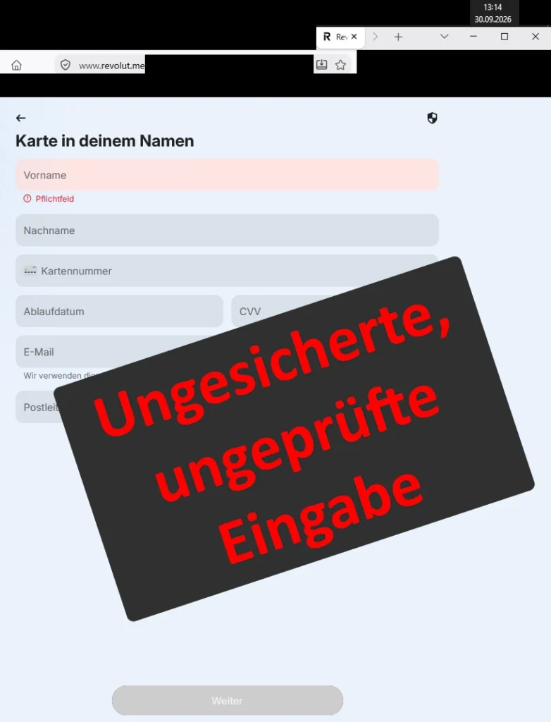 Ungesicherte Eingabe-Maske von Revolut für Bank- oder Kreditkartendaten.