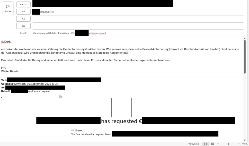 Unsichere Zahlungsaufforderung von Revolut für Zahlung via Email-Link.